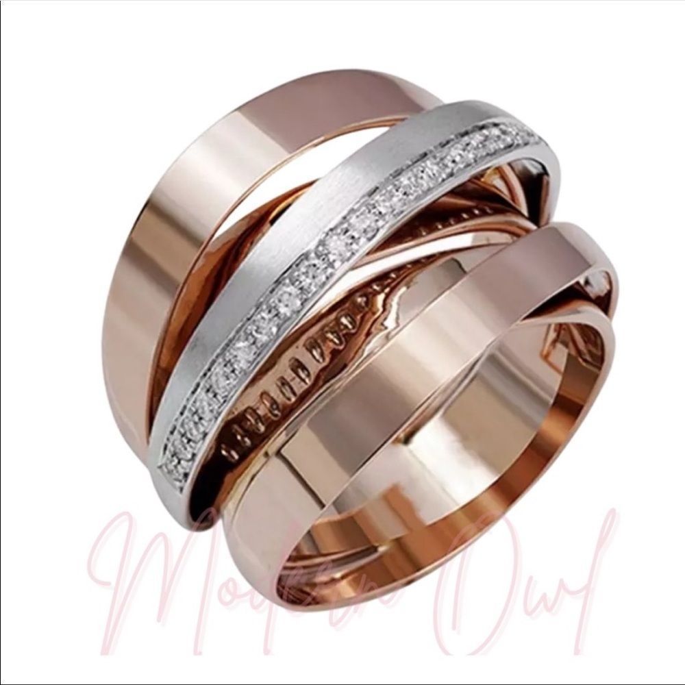 Multi-layered winding Rose Gold / Silver and Rhinestone Ring